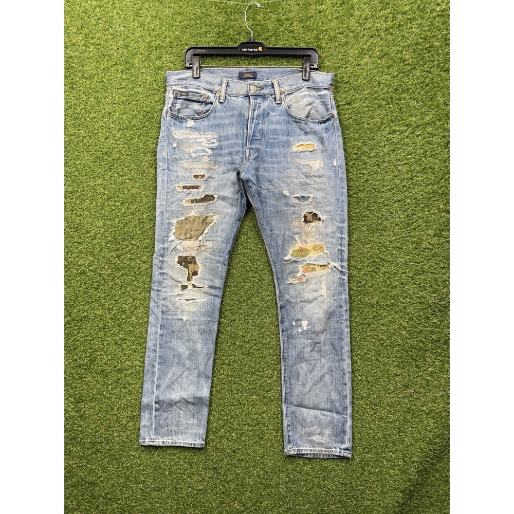 Polo Ralph Lauren Jeans Mens 34x30 Varick Slim Repaired Patchwork Distressed